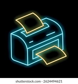 Glowing neon line printer icon isolated on black background. Vector illustration