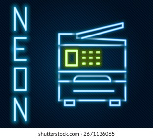 Glühende Neonzeile Druckersymbol einzeln auf schwarzem Hintergrund. Farbiges Umrisskonzept Vektorgrafik
