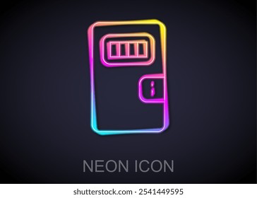 Línea de neón brillante Puerta de la celda de la prisión con el icono de la ventana de la parrilla aislado sobre fondo negro.  Vector