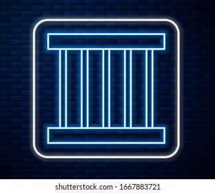 Glowing neon line Prison window icon isolated on brick wall background.  Vector Illustration