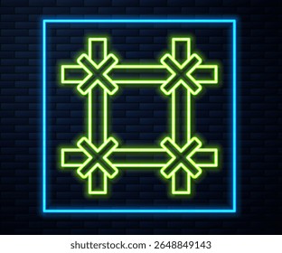 Icono de la ventana de la prisión de línea de neón brillante aislado en el fondo de la pared de ladrillo.  Vector