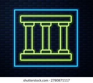 Glowing neon line Prison window icon isolated on brick wall background.  Vector