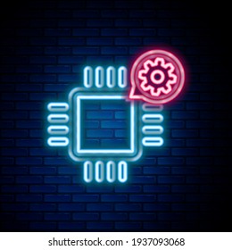 Glowing neon line Processor and gear icon isolated on brick wall background. CPU, chip service concept. Adjusting app, setting options, maintenance, repair, fixing. Colorful outline concept. Vector