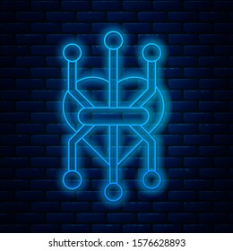 Glowing neon line Processor icon isolated on brick wall background. CPU, central processing unit, microchip, microcircuit, computer processor, chip.  Vector Illustration