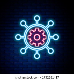 Glowing neon line Project management icon isolated on brick wall background. Hub and spokes and gear solid icon. Colorful outline concept. Vector