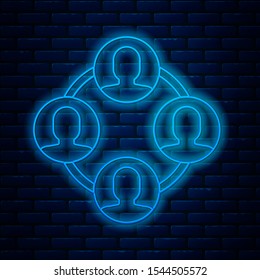Glowing neon line Project team base icon isolated on brick wall background. Business analysis and planning, consulting, team work, project management.  Vector Illustration