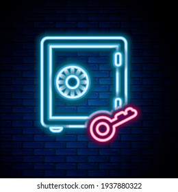 Glowing neon line Proof of stake icon isolated on brick wall background. Cryptocurrency economy and finance collection. Colorful outline concept. Vector