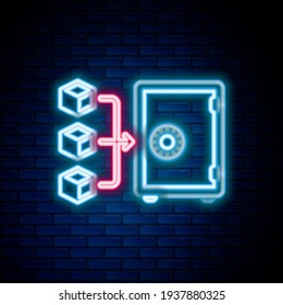 Glowing neon line Proof of stake icon isolated on brick wall background. Cryptocurrency economy and finance collection. Colorful outline concept. Vector