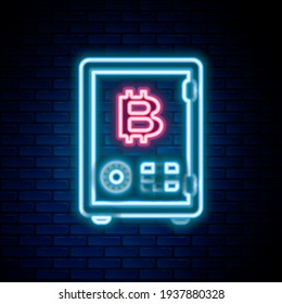 Glowing neon line Proof of stake icon isolated on brick wall background. Cryptocurrency economy and finance collection. Colorful outline concept. Vector