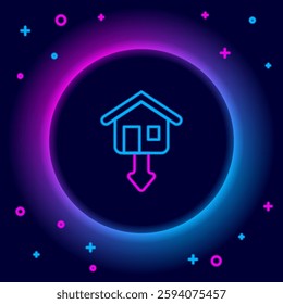 Glowing neon line Property and housing market collapse icon isolated on black background. Falling property prices. Real estate stock risk or economic recession. Colorful outline concept. Vector