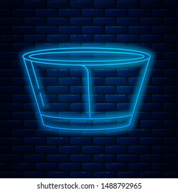 Glowing neon line Protective cone collar icon isolated on brick wall background. Recovery pet cone. Cone for animal.  Vector Illustration