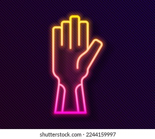 Glowing neon line Protective gloves icon isolated on black background.  Vector