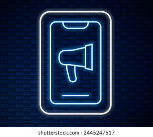 Glowing neon line Protest icon isolated on brick wall background. Meeting, protester, picket, speech, banner, protest placard, petition, leader, leaflet.  Vector