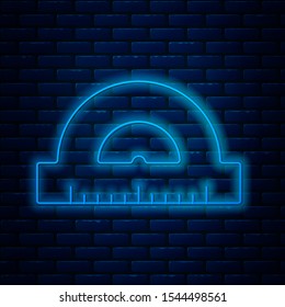 Glowing neon line Protractor grid for measuring degrees icon isolated on brick wall background. Tilt angle meter. Measuring tool. Geometric symbol.  Vector Illustration