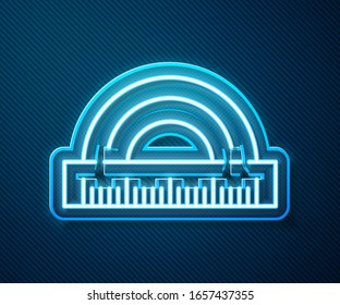 Glowing neon line Protractor grid for measuring degrees icon isolated on blue background. Tilt angle meter. Measuring tool. Geometric symbol.  Vector Illustration