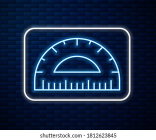 Glowing neon line Protractor grid for measuring degrees icon isolated on brick wall background. Tilt angle meter. Measuring tool. Geometric symbol.  Vector