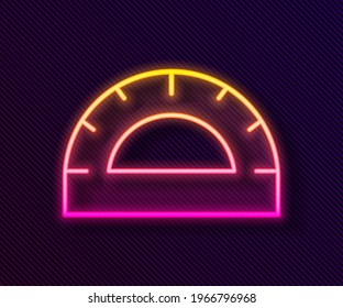 Glowing neon line Protractor grid for measuring degrees icon isolated on black background. Tilt angle meter. Measuring tool. Geometric symbol.  Vector