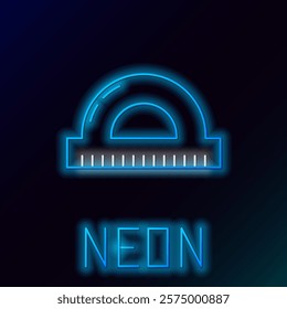 Glowing neon line Protractor grid for measuring degrees icon isolated on black background. Tilt angle meter. Measuring tool. Geometric symbol. Colorful outline concept. Vector