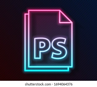 Glowing neon line PS File document icon isolated on black background.  Vector Illustration