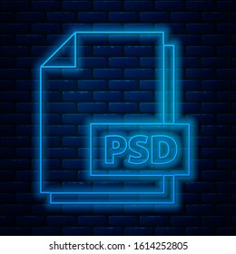 Glowing neon line PSD file document. Download psd button icon isolated on brick wall background. PSD file symbol.  Vector Illustration