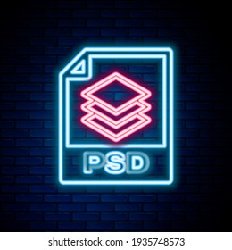 Glowing neon line PSD file document. Download psd button icon isolated on brick wall background. PSD file symbol. Colorful outline concept. Vector