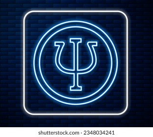 Glowing neon line Psychology icon isolated on brick wall background. Psi symbol. Mental health concept, psychoanalysis analysis and psychotherapy.  Vector