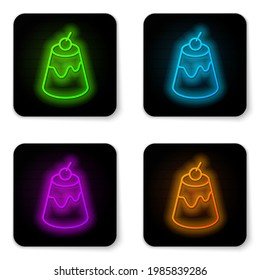 Glowing neon line Pudding custard with caramel glaze icon isolated on white background. Black square button. Vector