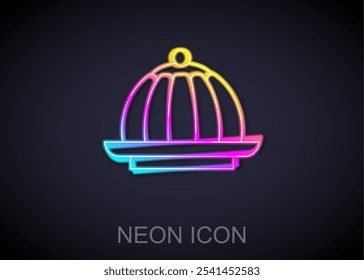 Glowing neon line Pudding custard with caramel glaze icon isolated on black background.  Vector