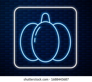 Glowing neon line Pumpkin icon isolated on brick wall background. Happy Halloween party.  Vector Illustration