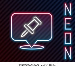 Icono de pin de empuje de línea de neón brillante aislado sobre fondo negro. Signo de Thumbtacks. Concepto de contorno colorido. Vector
