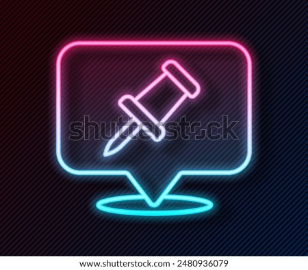 Glowing neon line Push pin icon isolated on black background. Thumbtacks sign.  Vector