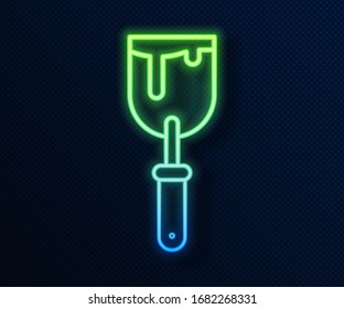 Glowing neon line Putty knife icon isolated on blue background. Spatula repair tool. Spackling or paint instruments.  Vector Illustration