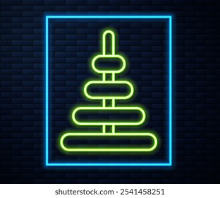 Glowing neon line Pyramid toy icon isolated on brick wall background.  Vector