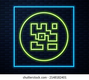 Glowing neon line QR code sample for smartphone scanning icon isolated on brick wall background.  Vector
