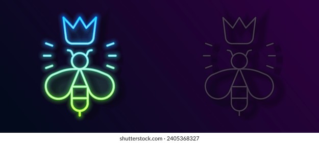 Glowing neon line Queen bee icon isolated on black background. Sweet natural food. Honeybee or apis with wings symbol. Flying insect.  Vector