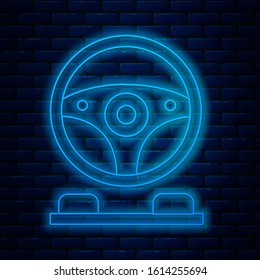 Glowing neon line Racing simulator cockpit icon isolated on brick wall background. Gaming accessory. Gadget for driving simulation game.  Vector Illustration