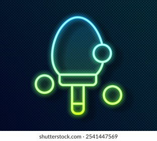Raquete de linha de neon brilhante para jogar ícone de tênis de mesa isolado no fundo preto.  Vetor