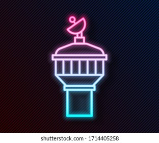 Glowing neon line Radar icon isolated on black background. Search system. Satellite sign.  Vector Illustration