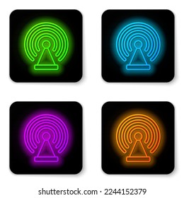 Glowing neon line Radar icon isolated on white background. Search system. Satellite sign. Black square button. Vector