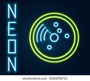 Glowing neon line Radar with targets on monitor in searching icon isolated on black background. Search system. Navy sonar. Colorful outline concept. Vector Illustration