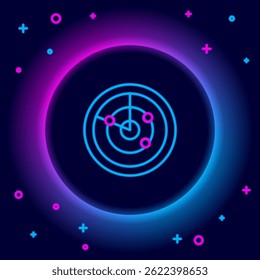 Glowing neon line Radar with targets on monitor in searching icon isolated on black background. Search system. Navy sonar. Colorful outline concept. Vector