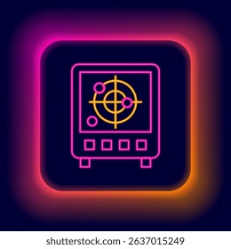 Glowing neon line Radar with targets on monitor in searching icon isolated on black background. Search system. Navy sonar. Colorful outline concept. Vector - Powered by Shutterstock - Get 15% off with code: PIKWIZARD15