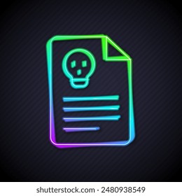 Glowing neon line Radiation warning document icon isolated on black background. Text file.  Vector