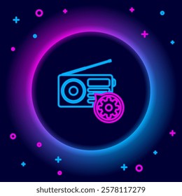 Glowing neon line Radio with antenna and gear icon isolated on black background. Adjusting app, service concept, setting options, maintenance, repair, fixing. Colorful outline concept. Vector