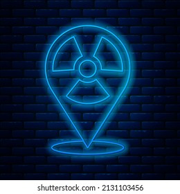 Glowing neon line Radioactive in location icon isolated on brick wall background. Radioactive toxic symbol. Radiation Hazard sign.  Vector