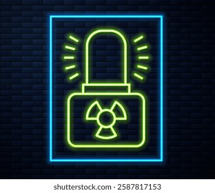 Glowing neon line Radioactive warning lamp icon isolated on brick wall background.  Vector