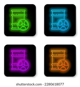 Glowing neon line Radioactive waste in barrel icon isolated on white background. Toxic refuse keg. Radioactive garbage emissions, environmental pollution. Black square button. Vector