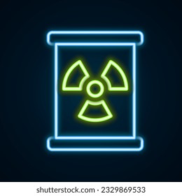 Glowing neon line Radioactive waste in barrel icon isolated on black background. Toxic refuse keg. Radioactive garbage emissions, environmental pollution. Colorful outline concept. Vector