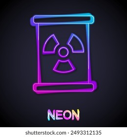 Glowing neon line Radioactive waste in barrel icon isolated on black background. Toxic refuse keg. Radioactive garbage emissions, environmental pollution.  Vector