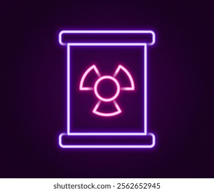 Glowing neon line Radioactive waste in barrel icon isolated on black background. Toxic refuse keg. Radioactive garbage emissions, environmental pollution. Colorful outline concept. Vector